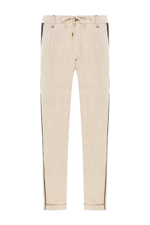 Бежевые брюки из льна и хлопка с контрастной отделкой и кулиской на поясе - фото 1