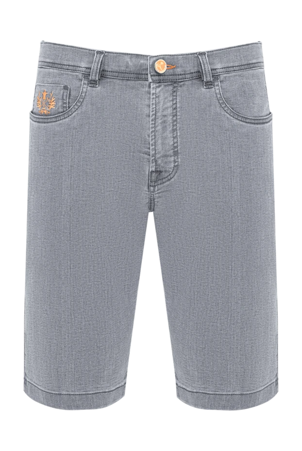 Grey denim shorts with orange stitching and plaid patch
- photo 1
