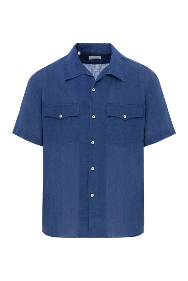 Men's blue linen T-shirt with chest pockets - photo 1
