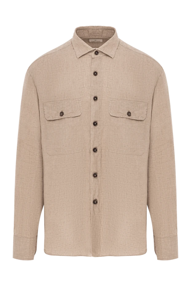 Рубашка мужская льняная бежевого цвета с накладными карманами - фото 1