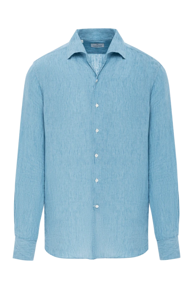 Голубая льняная рубашка с классическим воротником и текстурной поверхностью - фото 1