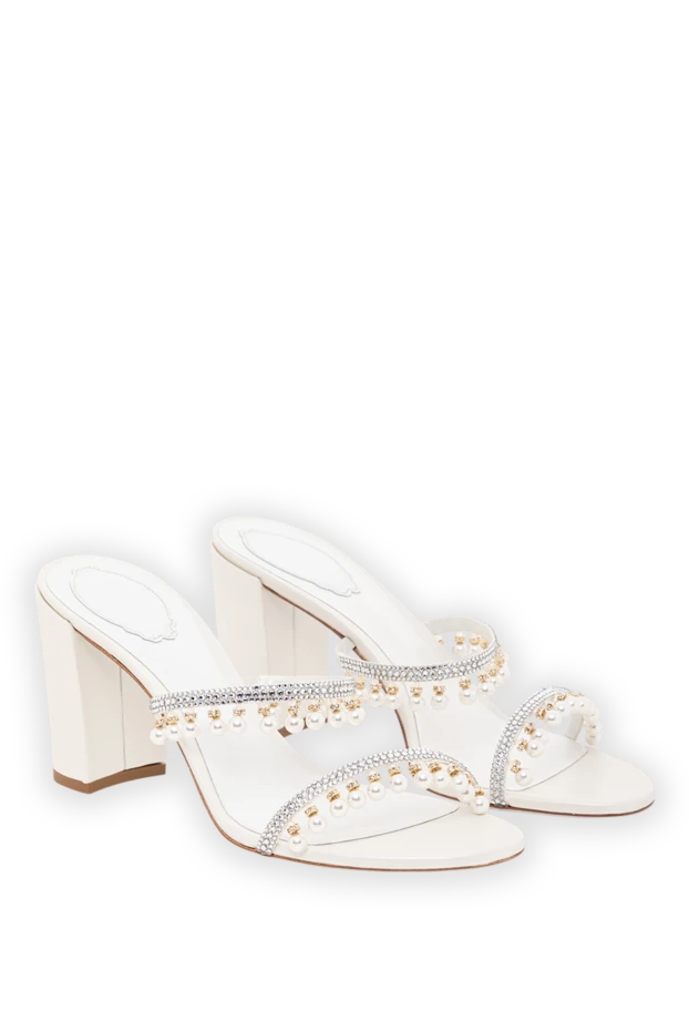Rene Caovilla босоножки белые на устойчивом каблуке с двойными ремешками и подвесками из бусин 189950 - фото 3