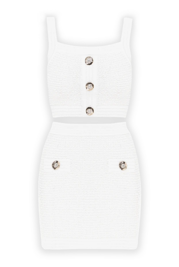 Люрекс твид юбкасымен және қара сәндік түймелері бар ақ костюм - фото 1