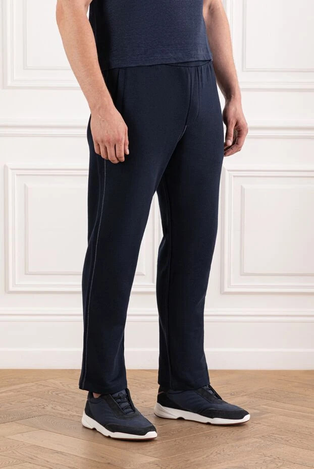 Brioni мужские хлопковые брюки тёмно-синего цвета с эластичным поясом
 189997 - фото 3