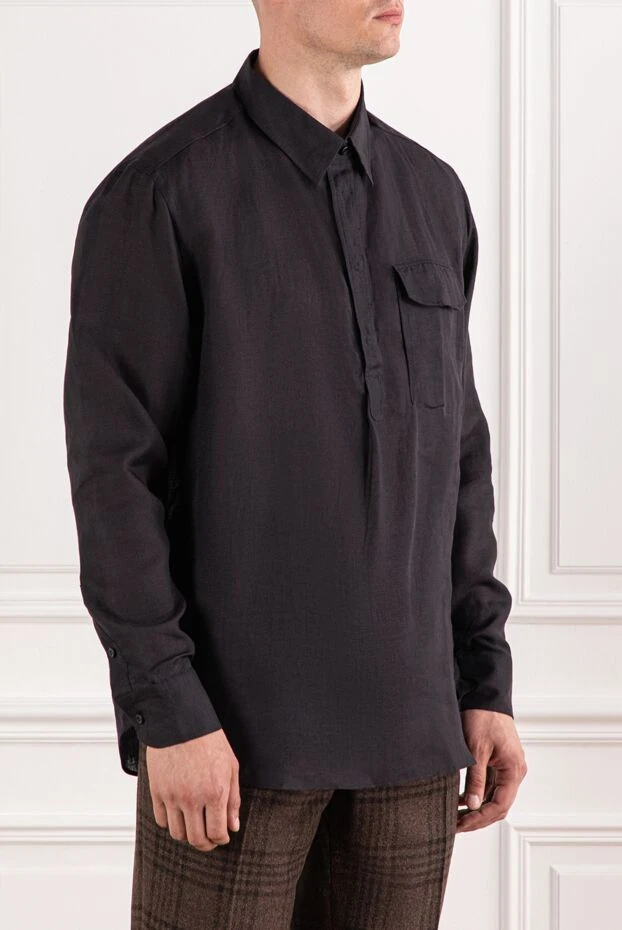 Brioni лёгкая рубашка мужская чёрная из льняной ткани с текстурой
 190002 - фото 3