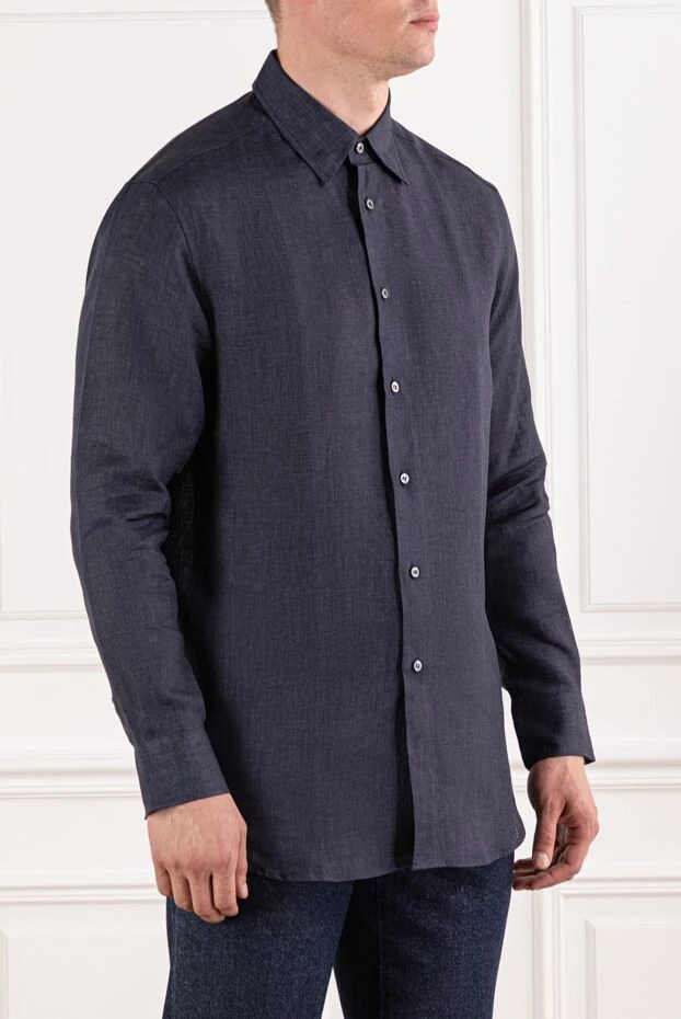 Brioni тёмно-синяя рубашка из чистого льна с текстурной поверхностью и классическим воротником 190003 - фото 3