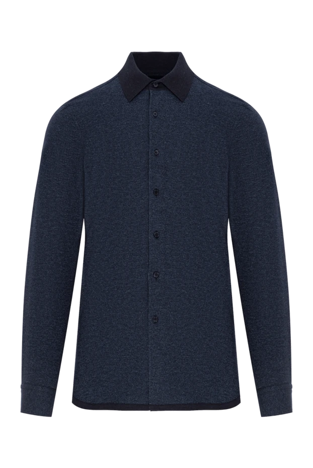 Тёмно-синяя рубашка из кашемира и хлопка с контрастным воротником - фото 1