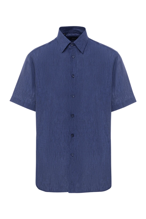 Синяя тенниска из льна с текстурной поверхностью и классическим воротником - фото 1