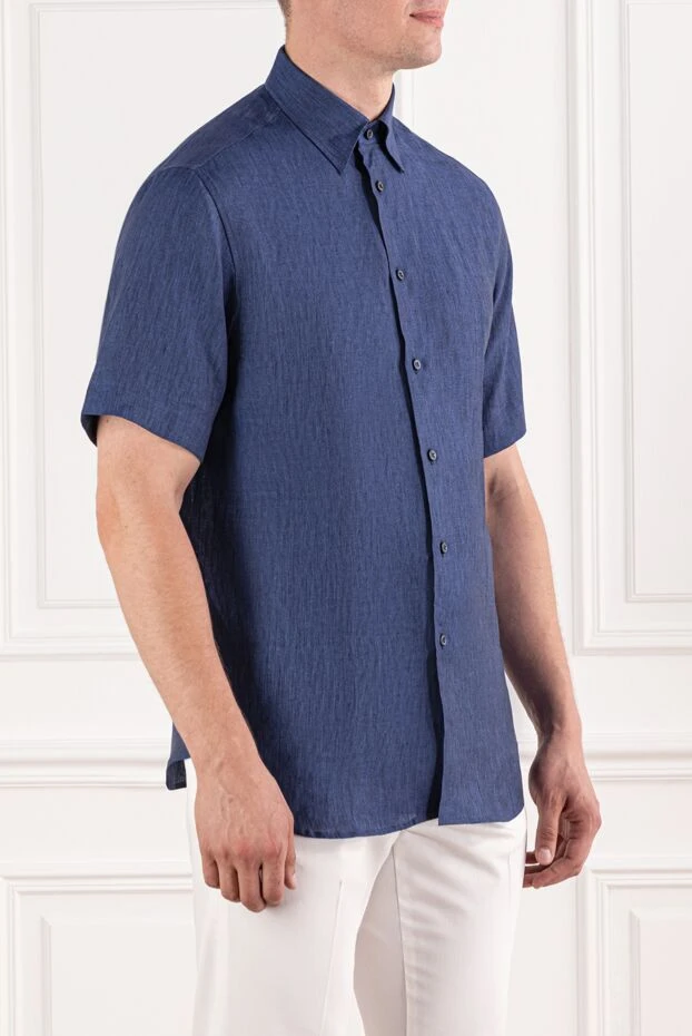 Brioni синяя тенниска из льна с текстурной поверхностью и классическим воротником 190007 - фото 3