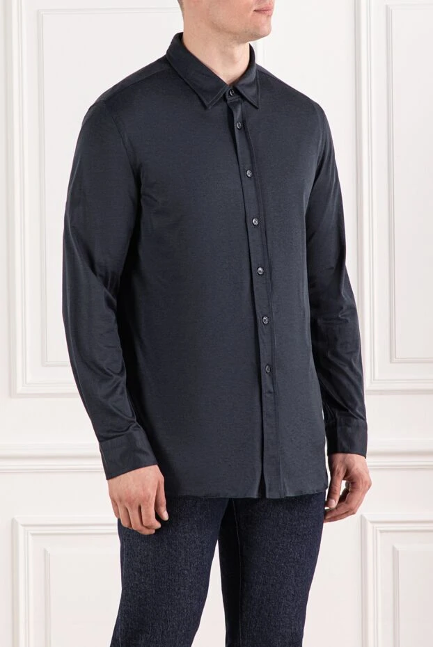 Brioni мужская рубашка тёмно синяя классическая с лёгким блеском шёлка 190008 - фото 3