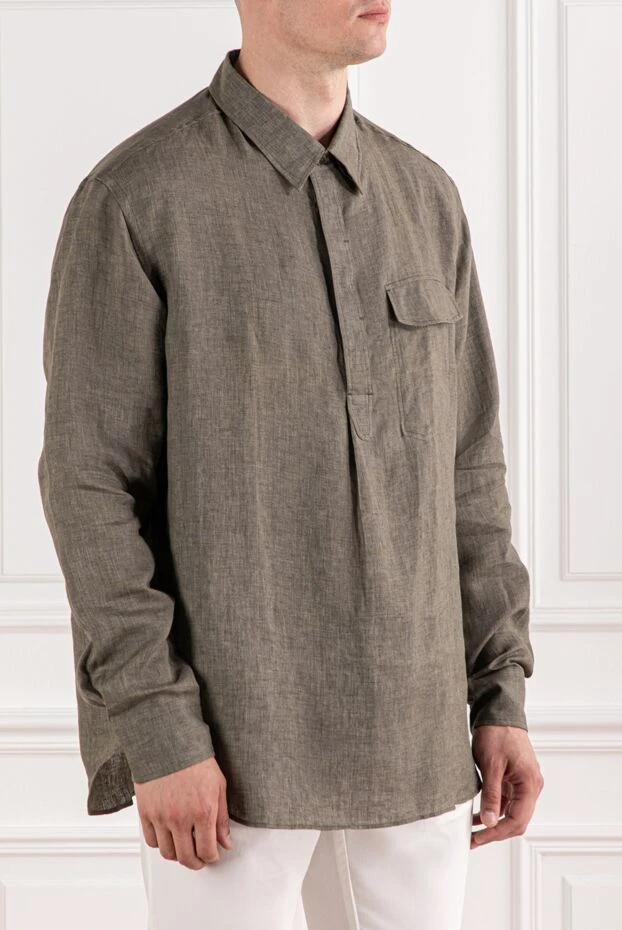 Brioni linen shirt in grey-olive color with a breast pocket
 190009 - photo 3