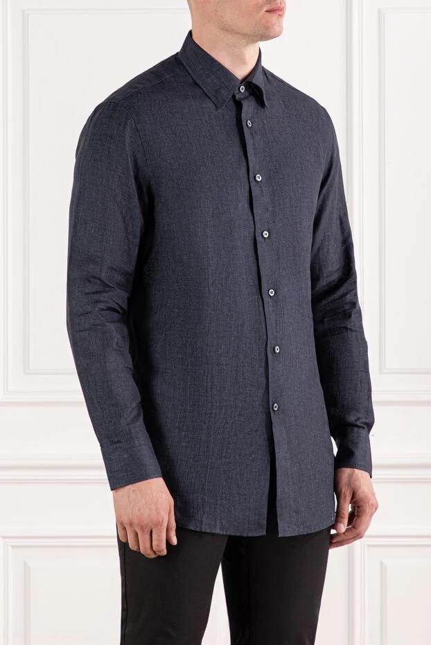 Brioni classic men's linen shirt in dark blue
 190014 - photo 3
