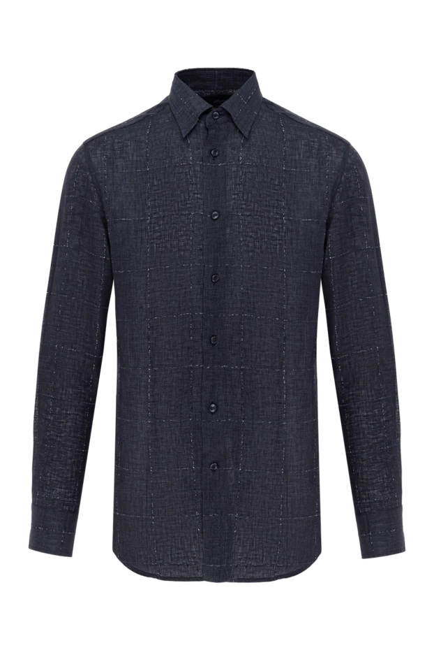 Linen and viscose shirt in dark blue with a checkered pattern - photo 1