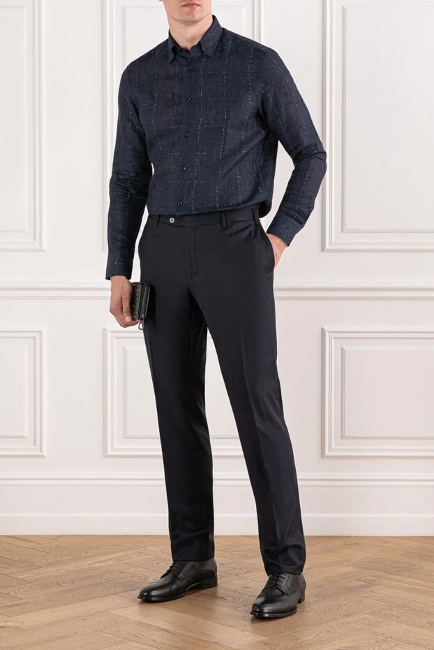 Brioni linen and viscose shirt in dark blue with a checkered pattern 190015 - photo 2