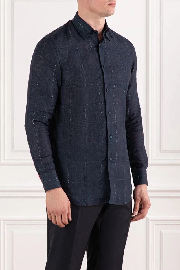 Brioni linen and viscose shirt in dark blue with a checkered pattern 190015 - photo 3
