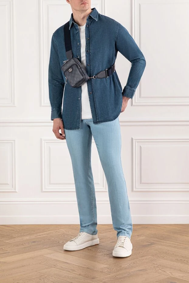 Brioni men's cotton denim shirt blue with elbow pads 190016 - photo 2