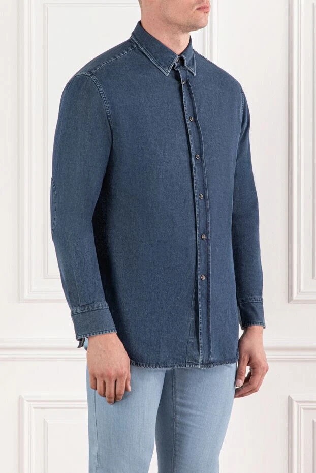 Brioni men's cotton denim shirt blue with elbow pads 190016 - photo 3