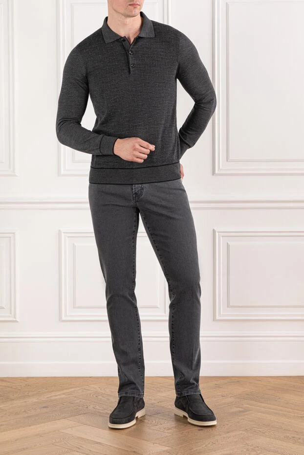 Men's Wool Polo Shirt with Textured Pattern and Long Sleeves

 - photo 2