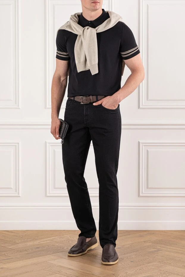 Brioni men's cotton and silk polo shirt in black with elegant stripes on the sleeves

 190026 - photo 2