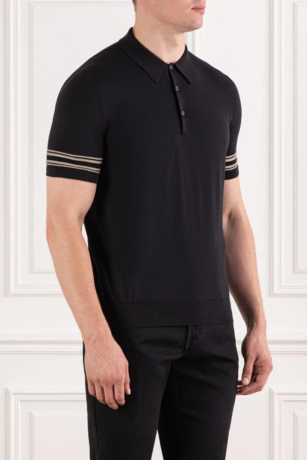 Brioni men's cotton and silk polo shirt in black with elegant stripes on the sleeves

 190026 - photo 3