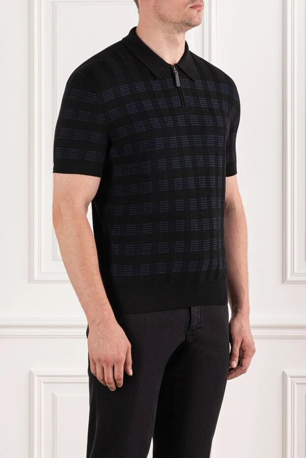 Brioni breathable cotton zip-up polo shirt in black and blue check
 190039 - photo 3