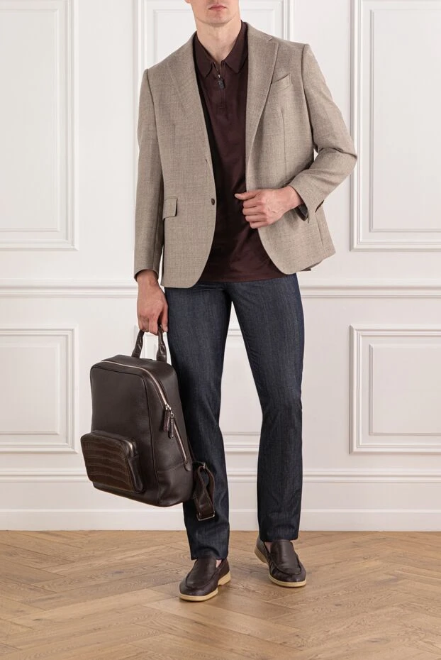 Brioni men's cotton polo shirt brown with zipper and classic collar 190041 - photo 2