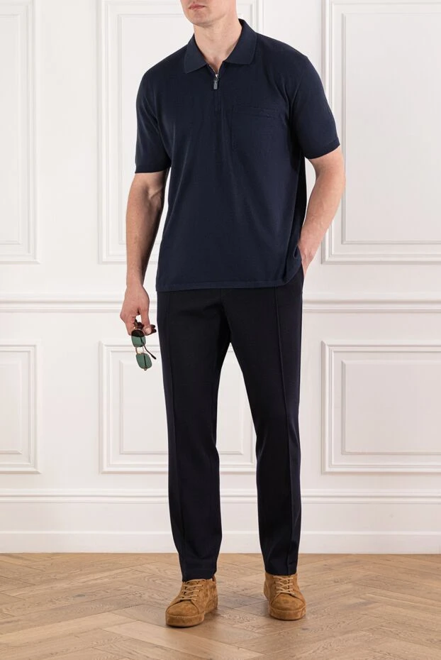 Поло из хлопка темно-синего цвета с молнией и карманом 
 - фото 2