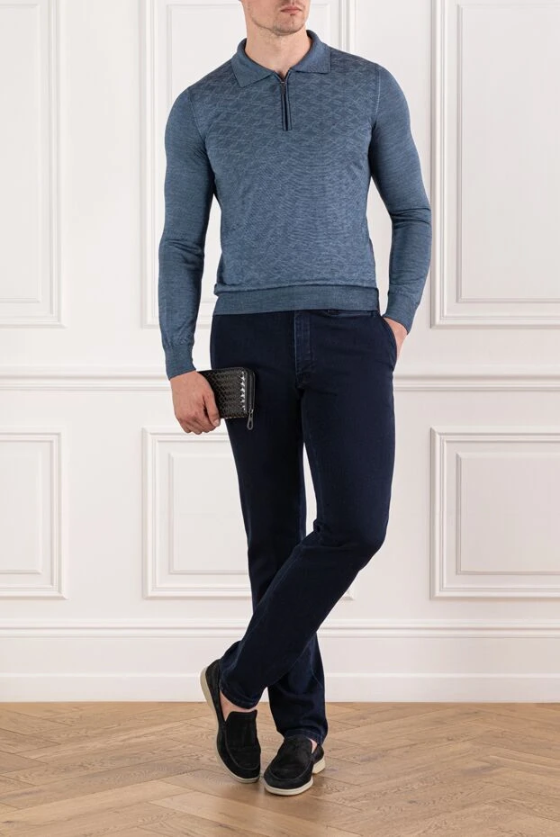 Поло синий с длинным рукавом из шерсти и шелка с узорчатой вязкой 
 - фото 2