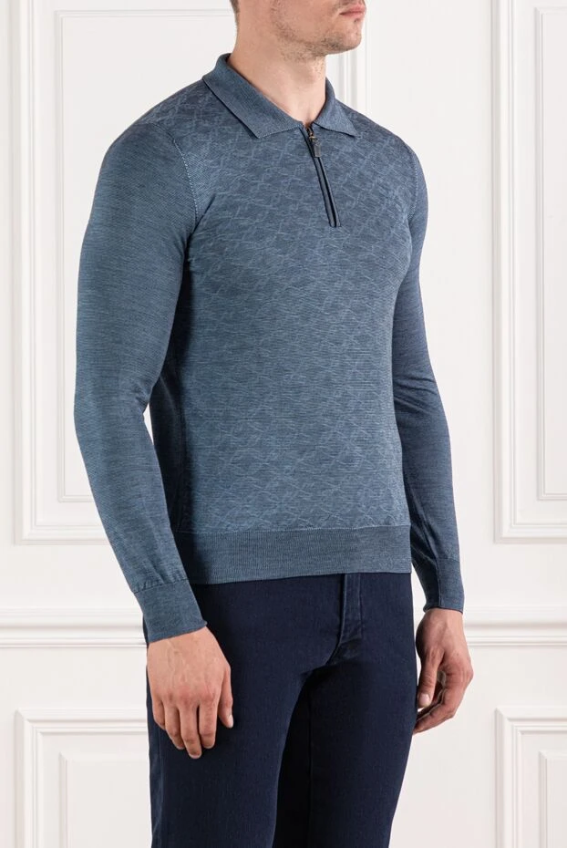 Brioni polo blue with long sleeves in wool and silk with patterned knitting
 190048 - photo 3