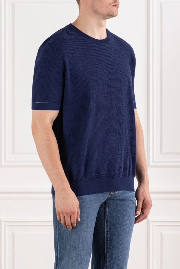 Brioni джемпер синий с коротким рукавом из хлопка в рельефный рубчик 
 190056 - фото 3