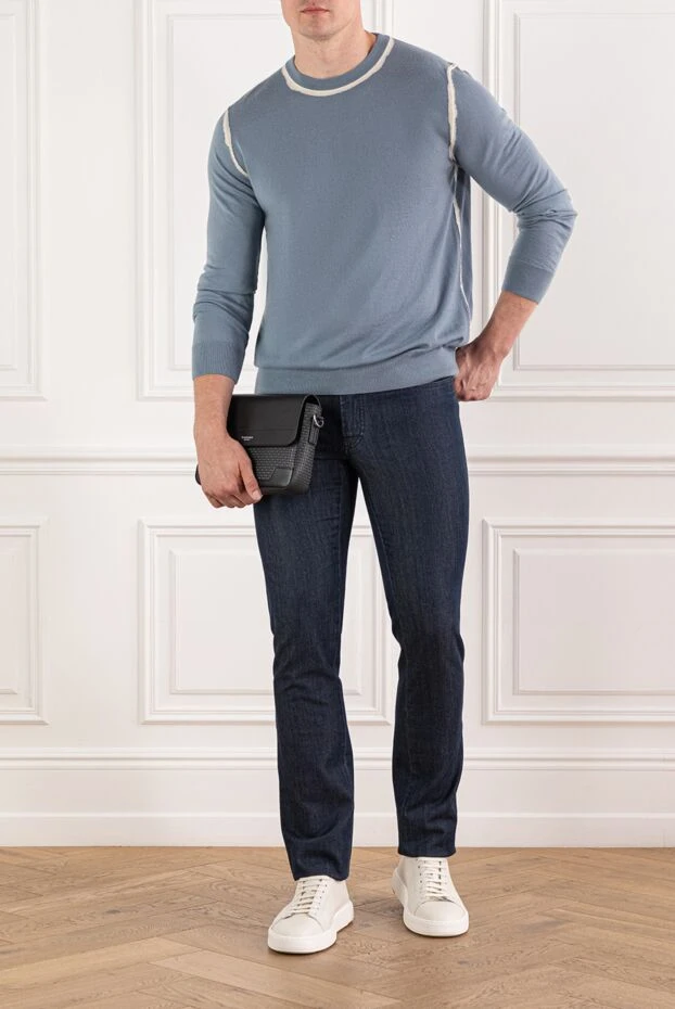 Голубой джемпер из кашемира с белыми акцентами по шву - фото 2