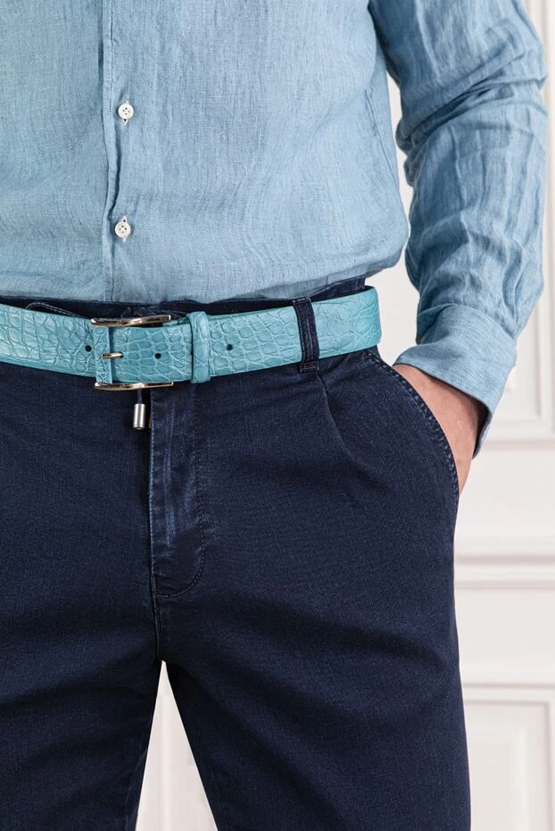 Cesare di Napoli крокодилден жасалған көгілдір былғары белбеу айқын құрылымы және металл ілгегі бар

 190079 - фото 2