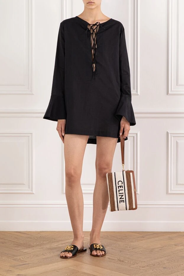 Alex Riviere женское черное платье из хлопка и шелка с расклешенными рукавами
190178 - фото 2