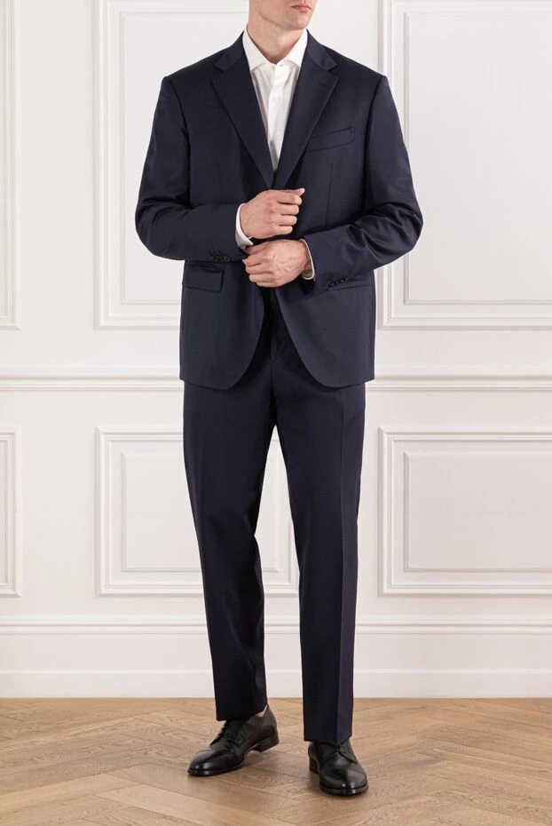 Костюм деловой мужской из чистой шерсти глубокого синего цвета - фото 2