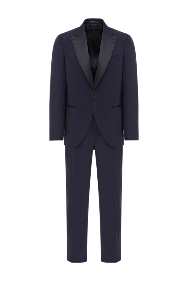 Смокинг мужской шерстяной тёмно синий с атласными лацканами - фото 1