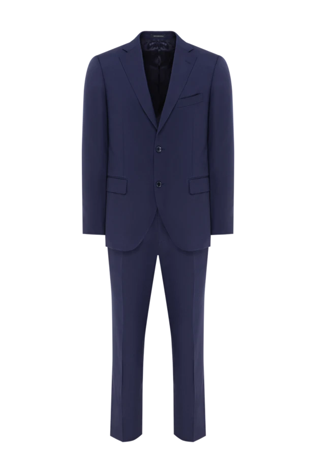 Классический мужской костюм шерсть синего цвета однобортного кроя - фото 1