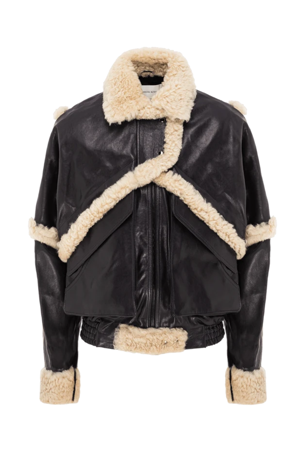 Черная куртка-бомбер из с отделкой из белой овчины женская - фото 1