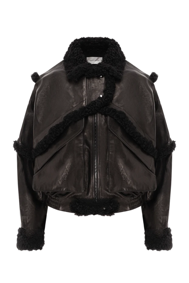 Черная куртка-бомбер из с отделкой из черной овчины женская - фото 1