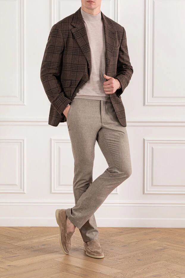 Cesare di Napoli ашық бежевый реңктегі жүн мен кашемирден тігілген ерлер жылы шалбары 190347 - фото 2