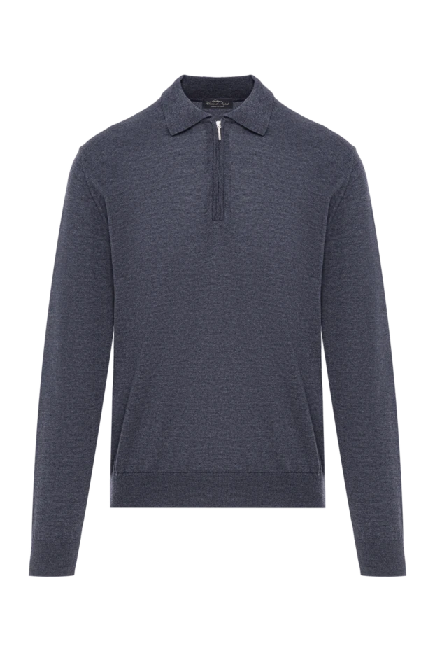 Поло мужское из мягкой шерсти серо синего оттенка с длинным рукавом - фото 1