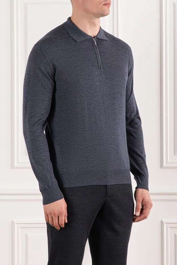 Cesare di Napoli поло мужское из мягкой шерсти серо синего оттенка с длинным рукавом 190406 - фото 3
