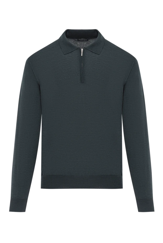 Dark green wool polo shirt with long sleeves and zip collar - photo 1
