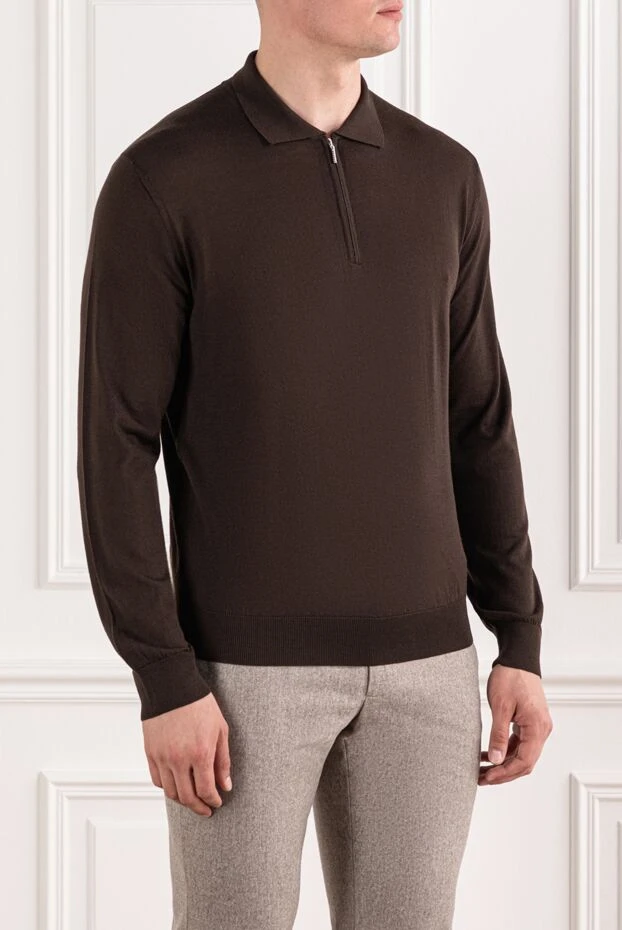 Cesare di Napoli поло из шерсти коричневое с воротником на молнии и длинными рукавами 190415 - фото 3