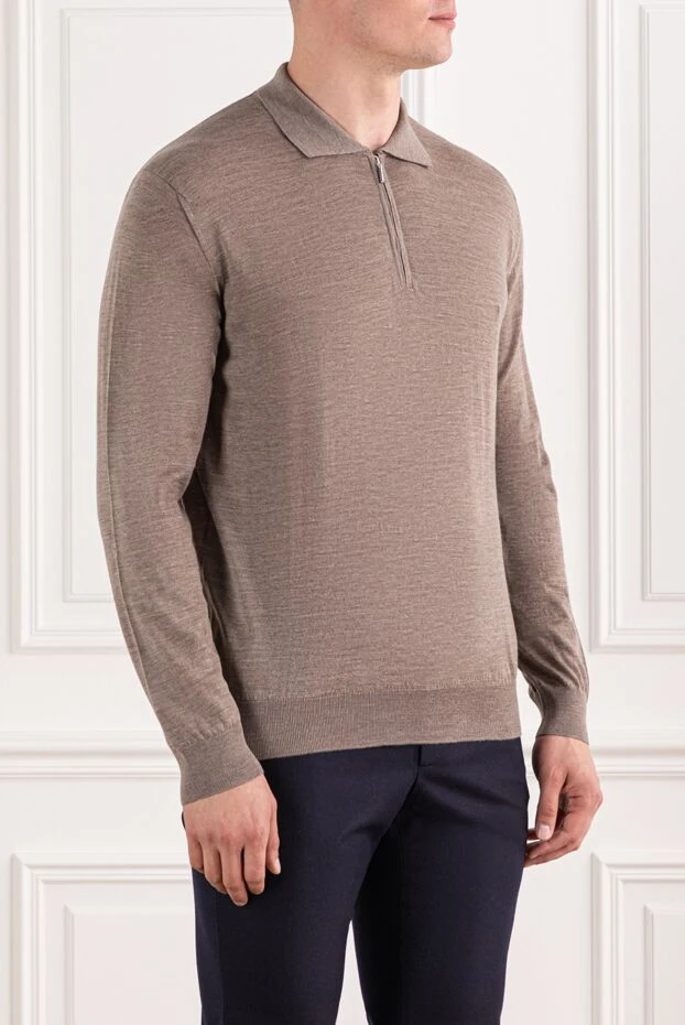 Cesare di Napoli трикотажное поло из шерсти светло-кофейное с застёжкой молнией 190417 - фото 3