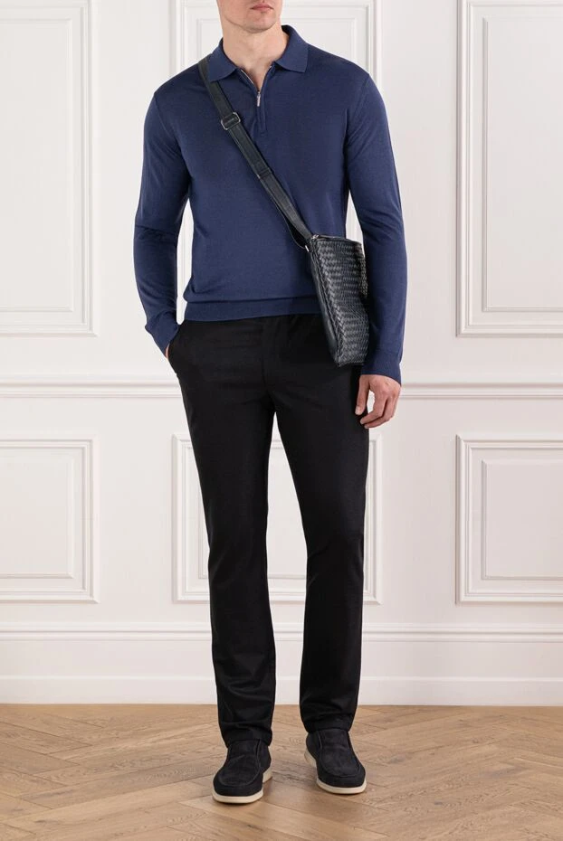 Cesare di Napoli синее трикотажное поло из шерсти с длинными рукавами и молнией 190418 - фото 2