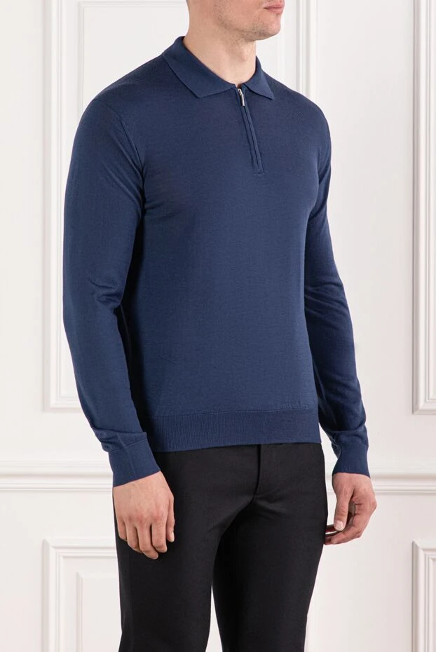 Cesare di Napoli синее трикотажное поло из шерсти с длинными рукавами и молнией 190418 - фото 3