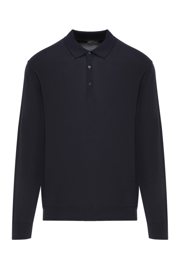 Polo shirt in fine wool, dark blue, long sleeves, buttons - photo 1