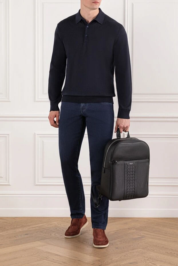 Polo shirt in fine wool, dark blue, long sleeves, buttons - photo 2