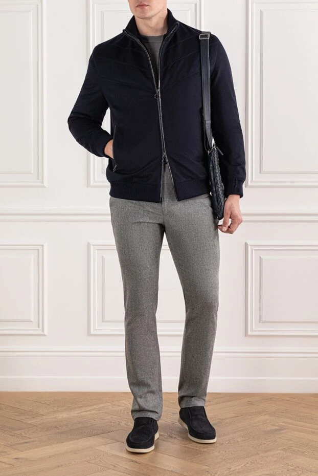 Men's bomber jacket with fur and crocodile leather details, blue
 - photo 2