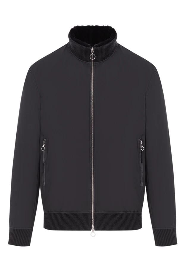 Астарлы аң терісі және қолтырауын былғары бөлшектері бар қара көк ерлер күртеше - фото 1